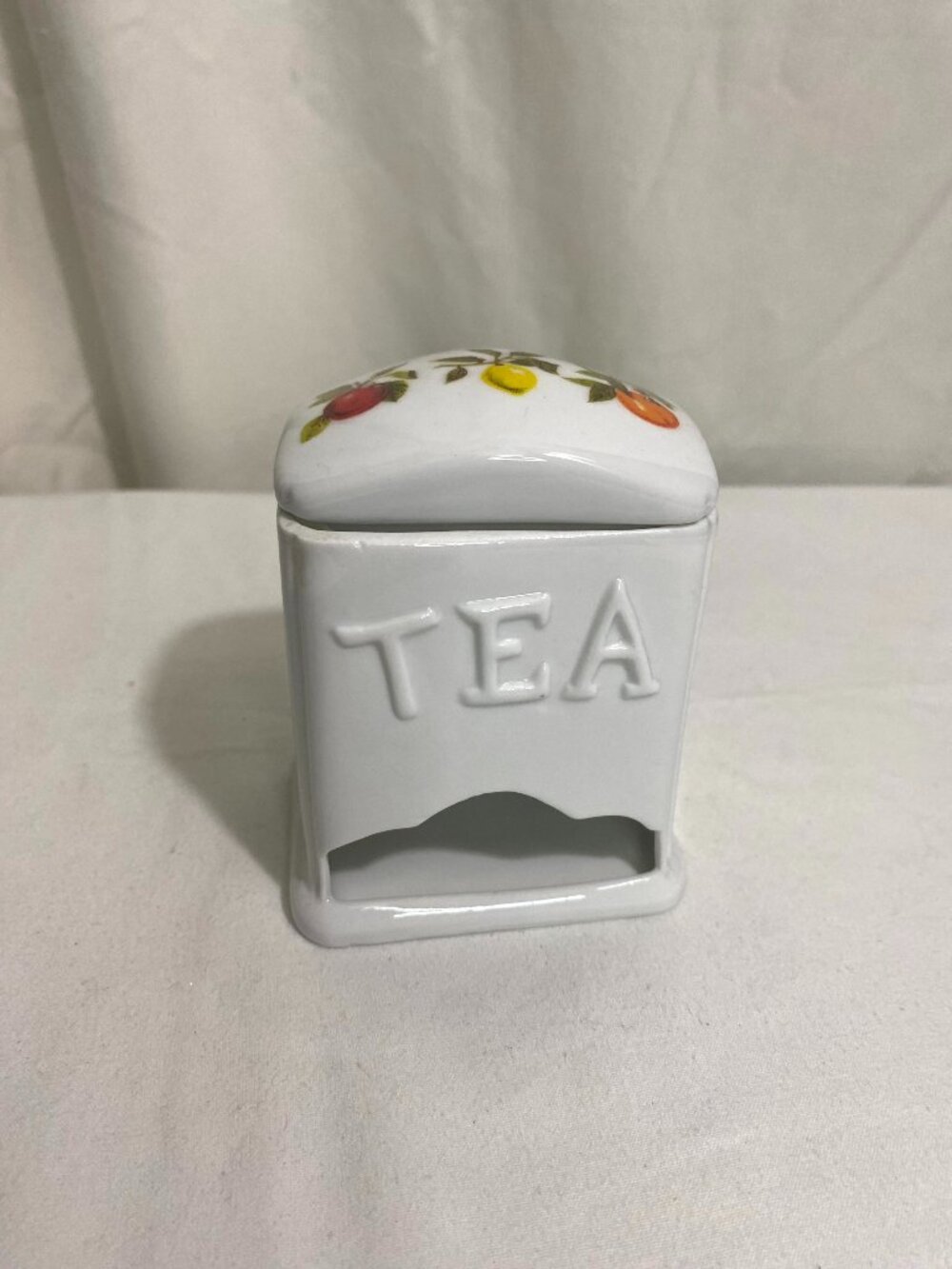 Vintage Porcelain Tea Caddy Canister w Lid Fruit Design “TEA” Kitchen Storage Ja